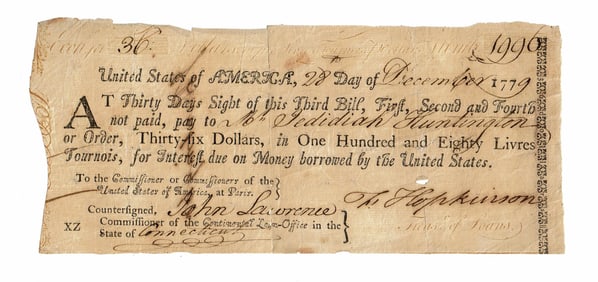Francis Hopkinson Rev. War Dated Bill of Exchange Made Out to Jedidiah Huntington, Brigadier General