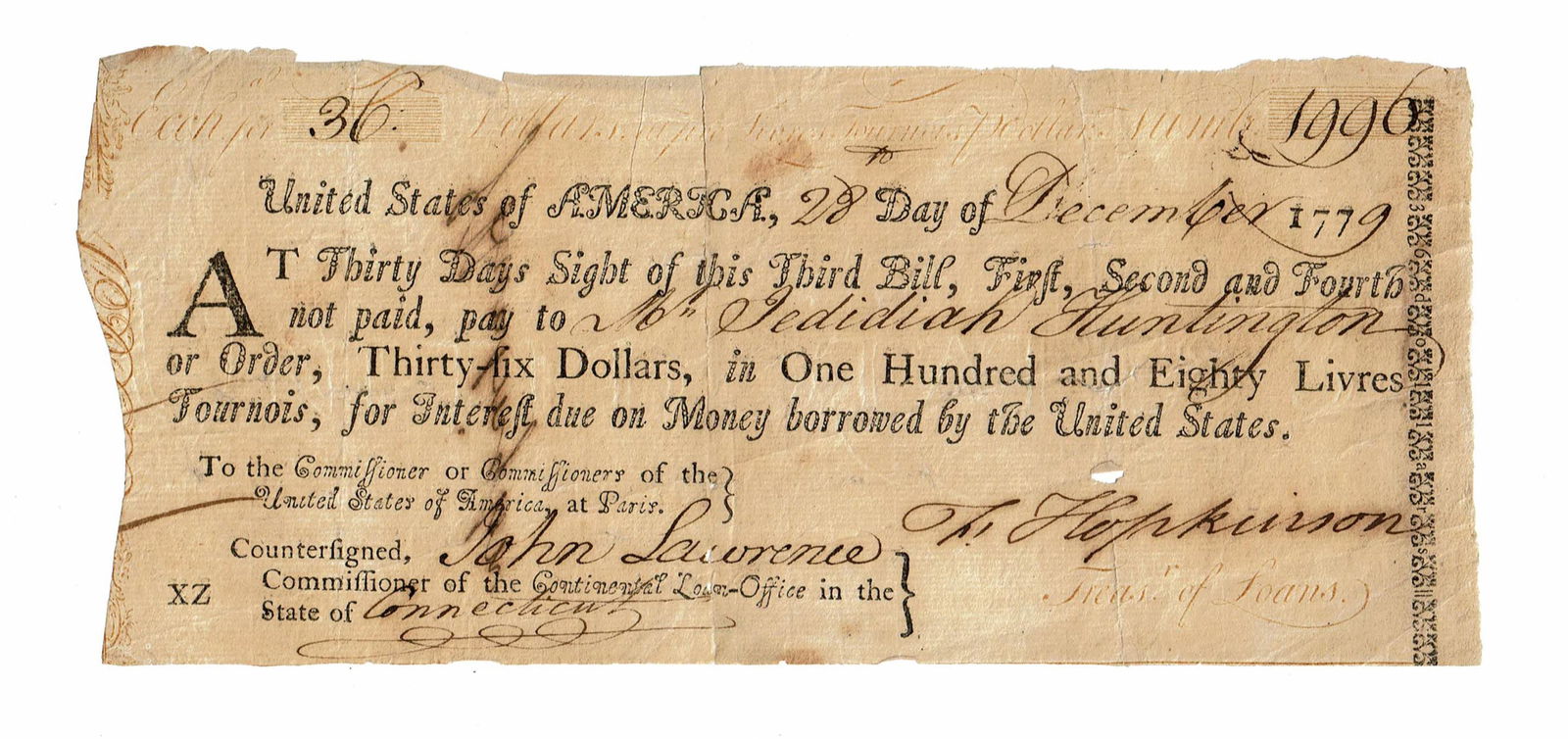Francis Hopkinson Rev. War Dated Bill of Exchange Made Out to Jedidiah Huntington, Brigadier General (1 of 4)