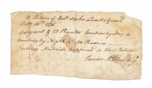Revolutionary War 1775 Report of Personnel, "Return of Colo. Starks Quarter Guard"