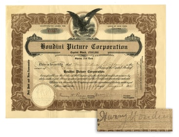 Harry Houdini Signed Stock Certificate for His Picture Corporation, 1921