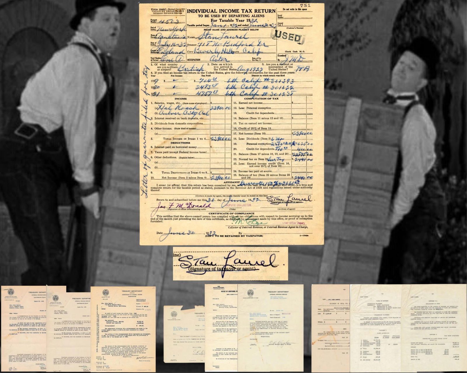 Stan Laurel's Tax Returns from "Music Box" & "County Hospital" Year! Most Iconic Laurel & Hardy: Stan LaurelBeverly Hills, CA, ca. 1932Stan Laurel's Tax Returns from "Music Box" & "County Hospital" Year! Most Iconic Laurel & Hardy FilmsDocumentStan Laurel's, of Laurel and Hardy fame, personal cop