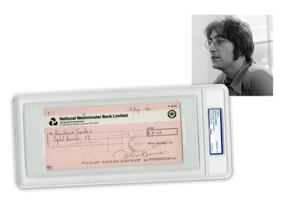 John Lennon Signed Apple Records Check, PSA GEM MT 10! Possibly Finest Known