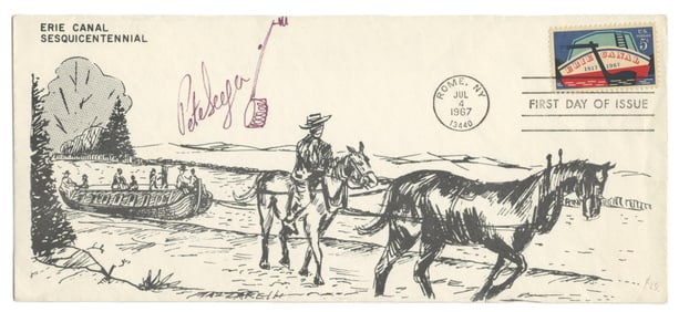 Pete Seeger Signed with Banjo Sketch First Day Eerie Canal Sesquicentennial Cover