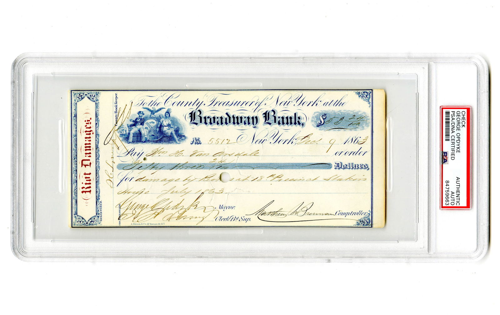 NY Riot Damage Civil War Mayor George Opdyke PSA Encapsulated Signed Check (1 of 4)