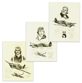 AVG Flying Tigers (3) Multi-Signed Prints by Artist Lonnie Ortega- 45 Signatures!