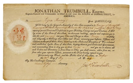 Jonathan Trumbull, Jr. Signed 1807 CT Militia Appointment