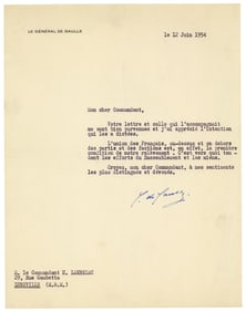 Charles de Gaulle 1954 TLS: "The union of the French people, above and beyond parties and factions,