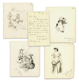 Mark Twain's Illustrators: (4) Original Drawings & (1) ALS by Artists of 'Huckleberry Finn', 'Life