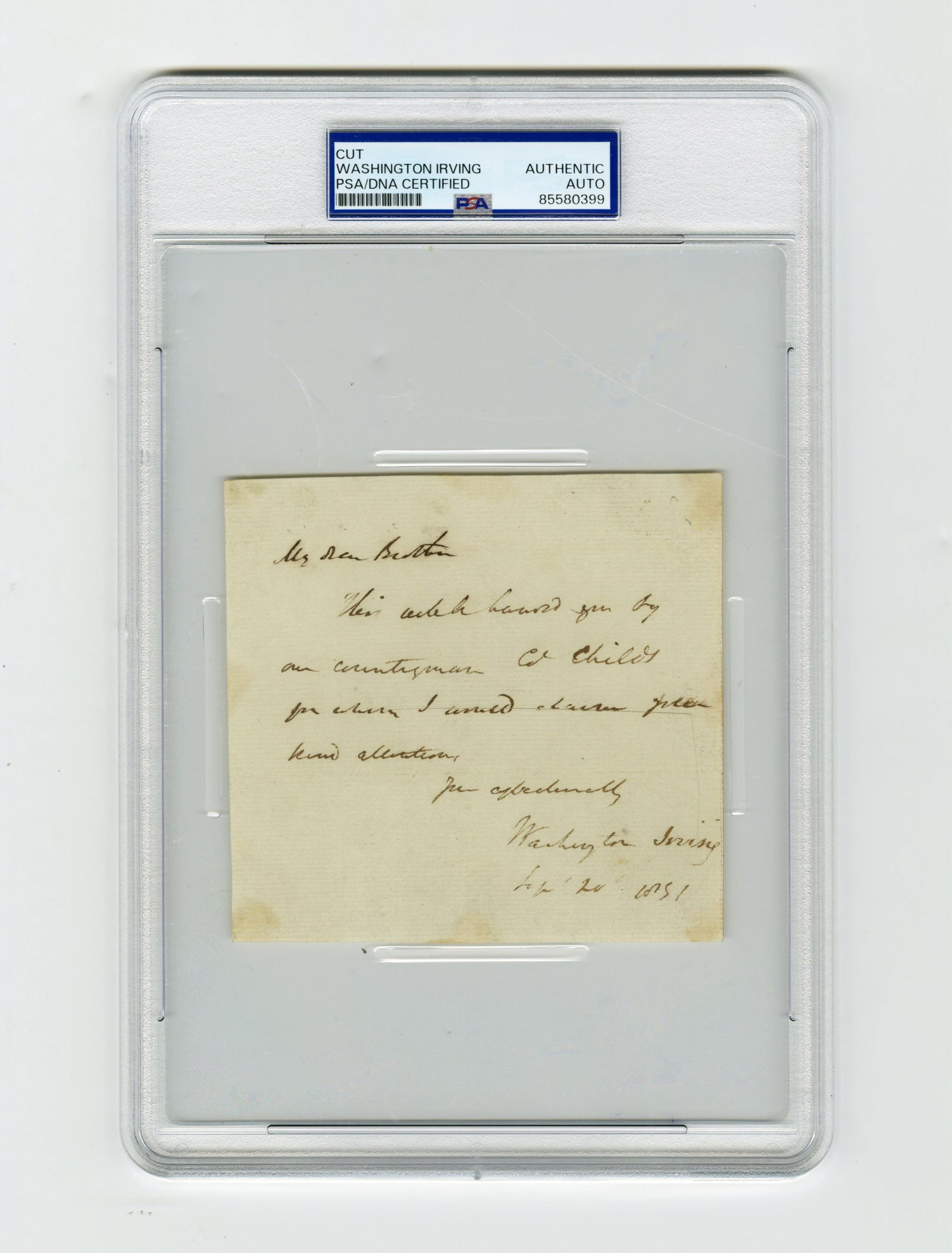 Washington Irving Letter of Introduction for Colonel Childs, Ex-Charles Hamilton (1 of 3)