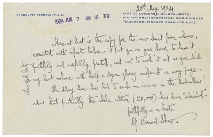 George Bernard Shaw Corrects Errors in English Edition of "Saint Joan" & Sends Manuscript for US