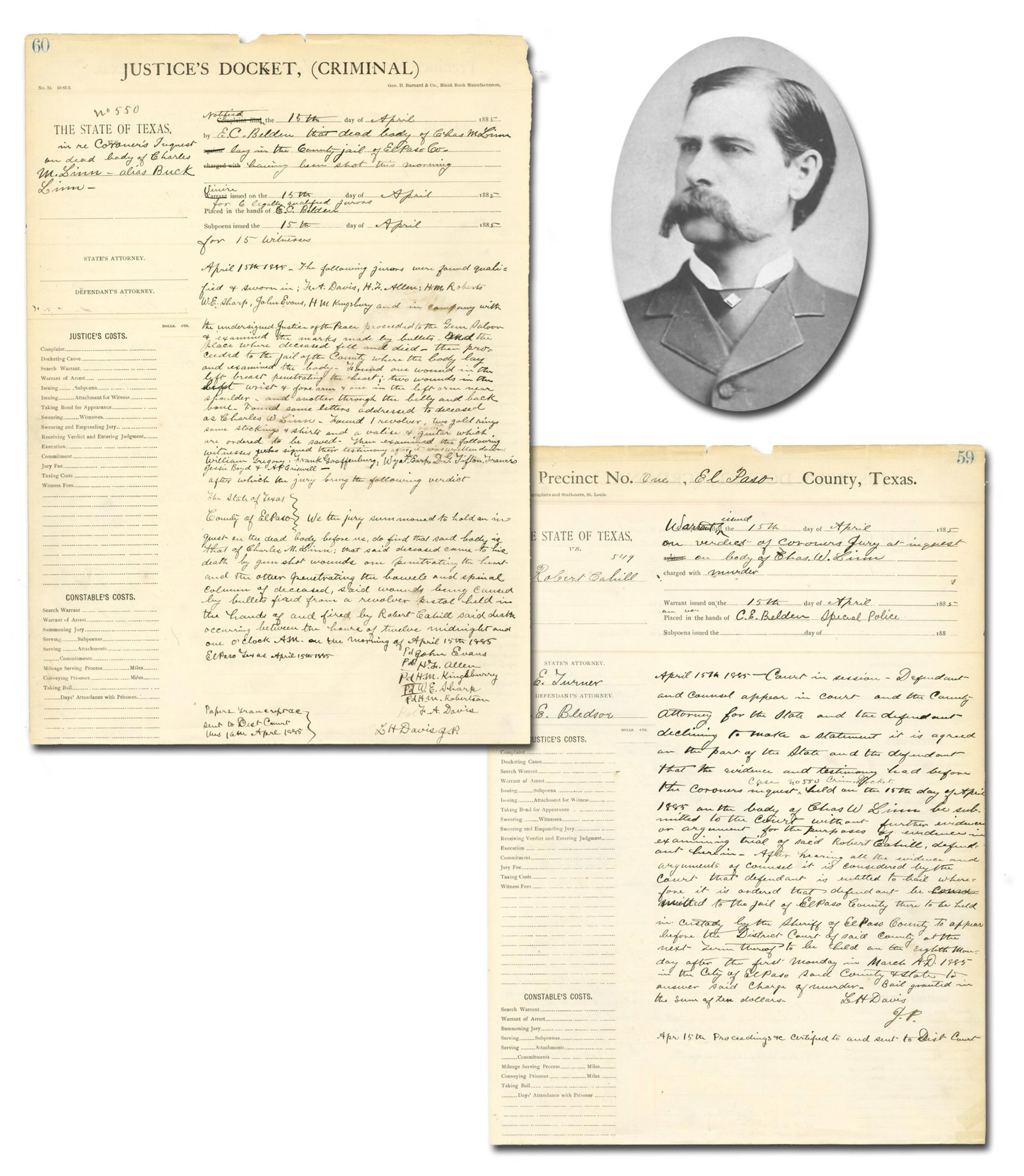 Wyatt Earp Original Criminal Doc Citing Saloon Murder Witness Wyatt Earp – A Primary Source: Wyatt Earp El Paso, TX, April 15, 1885 Wyatt Earp Original Criminal Doc Citing Saloon Murder Witness Wyatt Earp – A Primary Source Record of Earp’s Wanderings after the Vendetta Ride Again