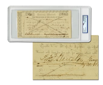 Sam Houston Signed Treasury Warrant for Protection of Frontier Dated Less Than 1 Month Before Being