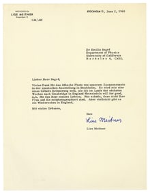 Lise Meitner TLS to Fellow Jewish Physicist Emilio Segrè, Recently Awarded the 1959 Nobel Prize