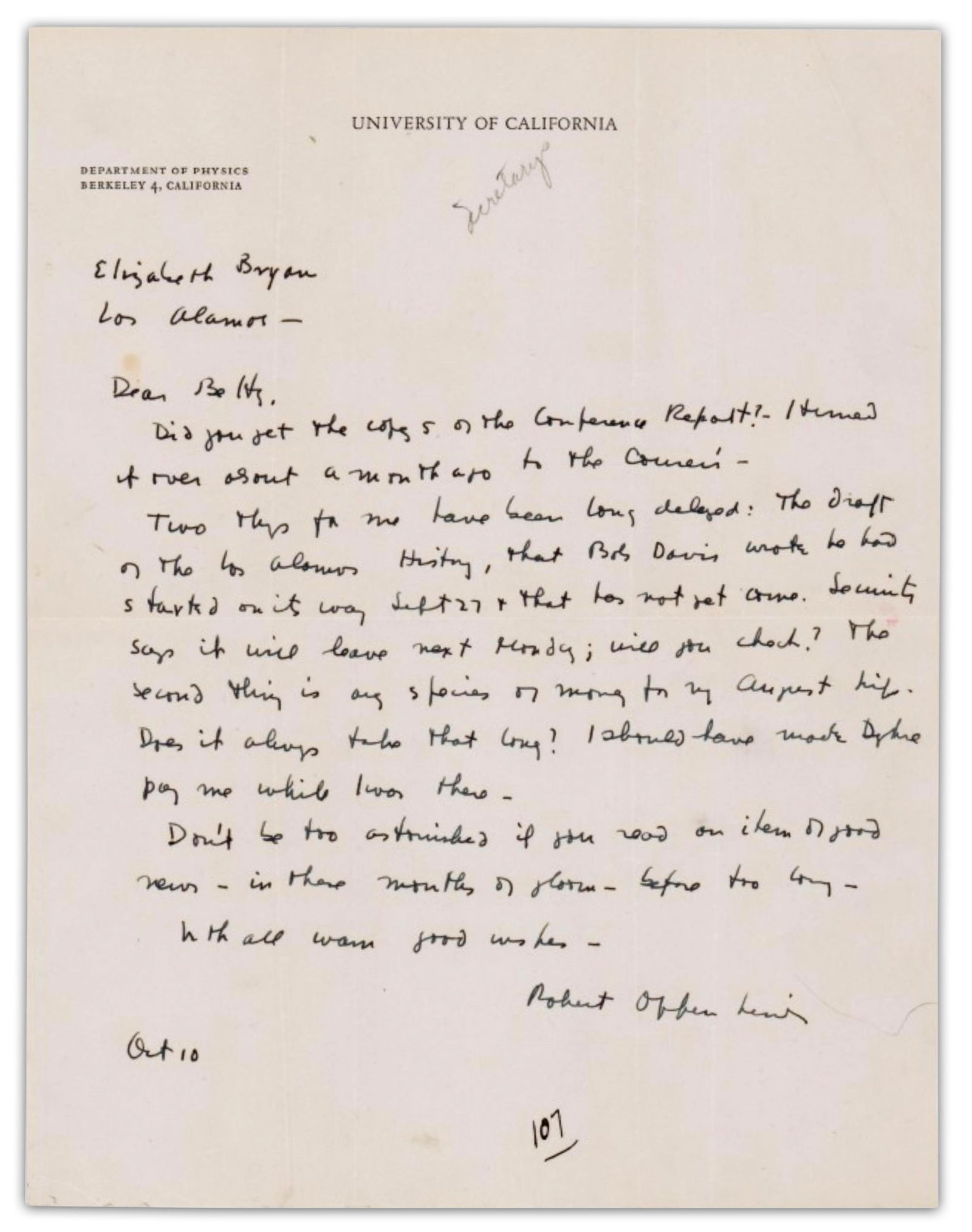 Oppenheimer Writes Secretary About Recent Meeting of Physicists and Los Alamos History (1 of 2)