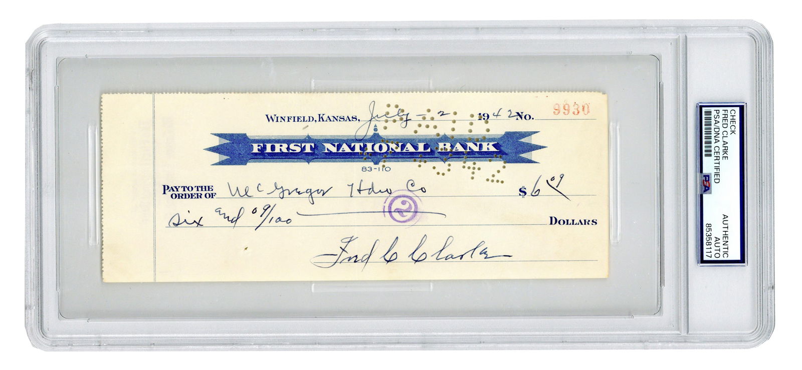 Fred C. Clarke PSA Signed Check - 1909 World Series Champion! (1 of 3)