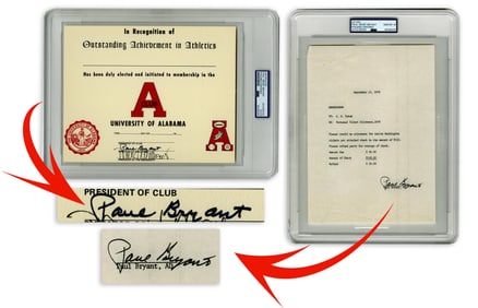 Legendary College Football Coach Bear Bryant PSA GEM MINT 10 Signed Award Certificate & Letter