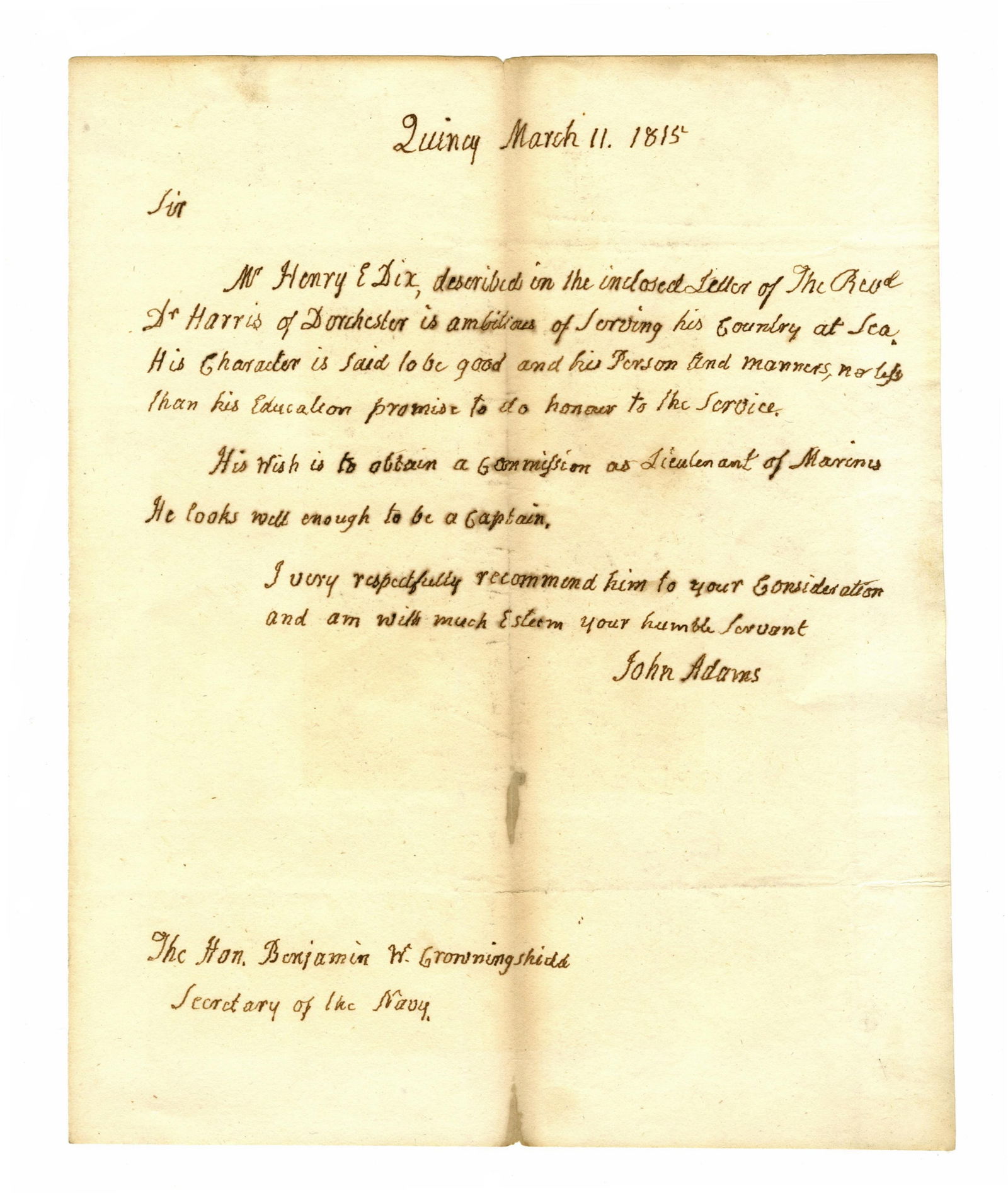 John Adams ALS for a Marine "ambitions of serving his county at sea"