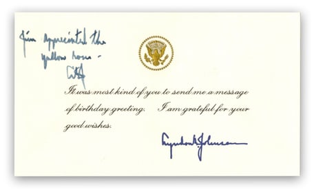 Lyndon Johnson ANS on White House Thank You Card, ca. 1965