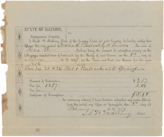 Abraham Lincoln Pays Redemption Costs on Three Lots in Springfield for His Wife’s Aunt