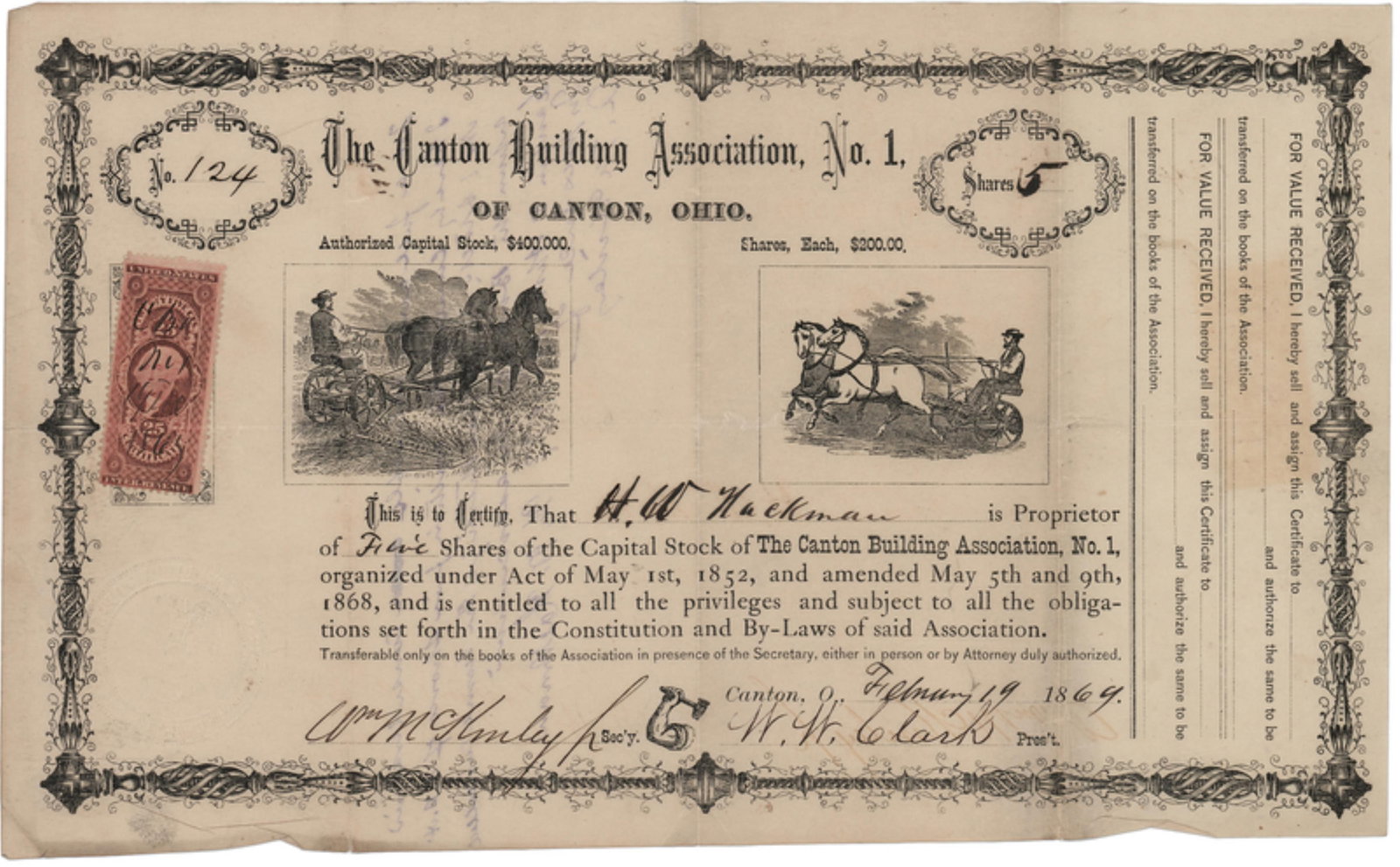 William McKinley & His Brother Sign a Canton Building Association Certificate, a Rare Pairing! (1 of 2)