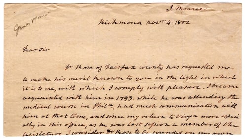 James Monroe Recommends Dr. Henry Rose of Alexandria