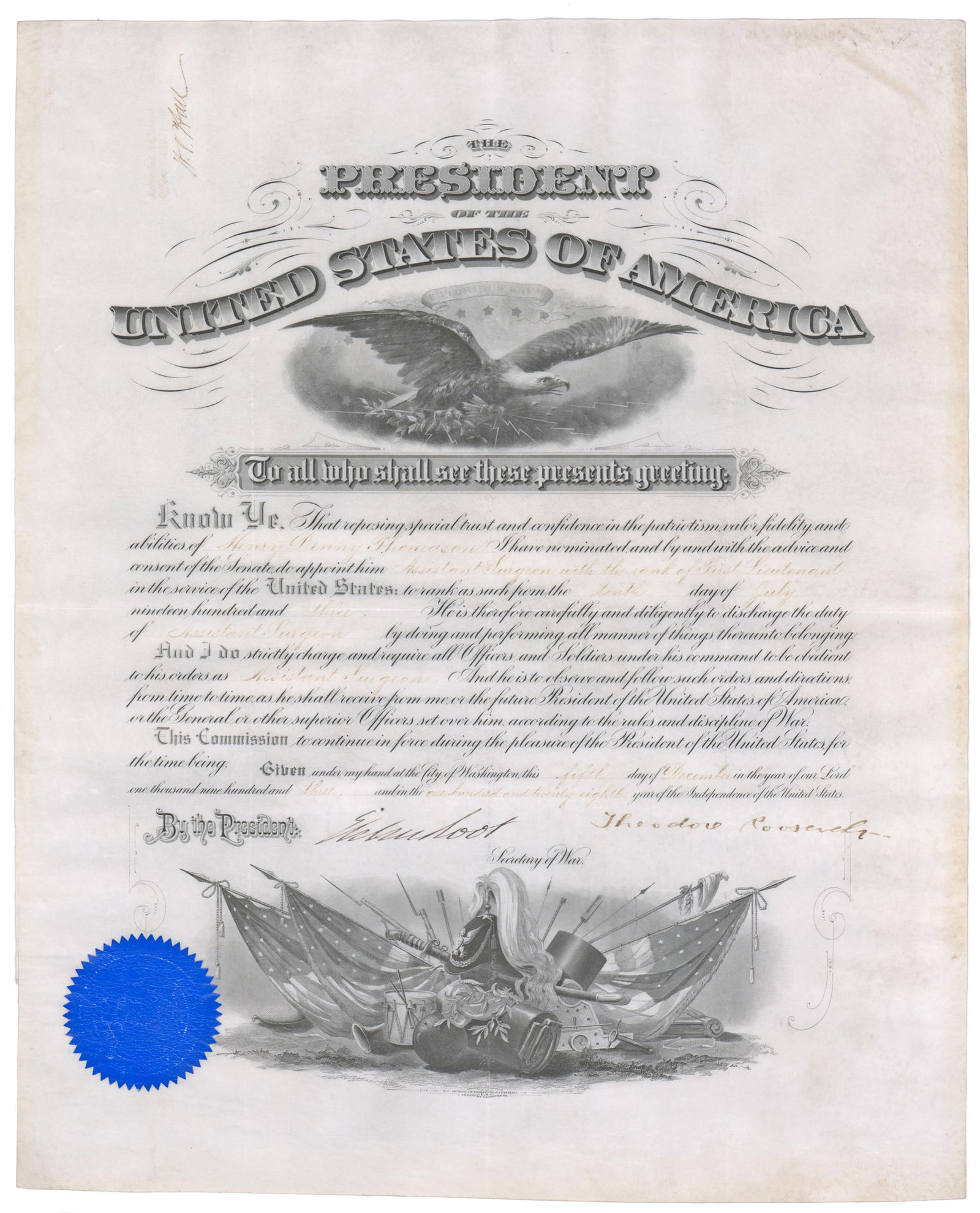 Theodore Roosevelt Signed Military Appointment For Spanish-American War Veteran Surgeon (1 of 3)
