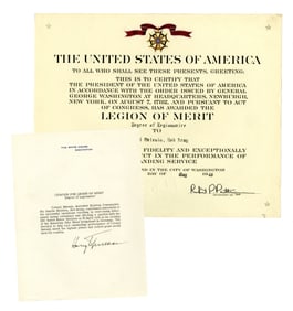 Truman Signed Citation & Accompanying Award, Legion Of Merit, for Russian Soldier