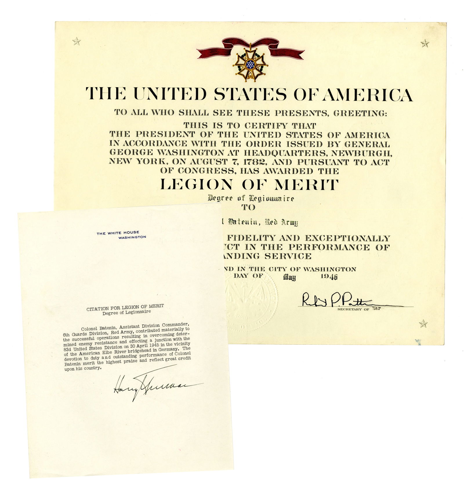 Truman Signed Citation & Accompanying Award, Legion Of Merit, for Russian Soldier (1 of 4)
