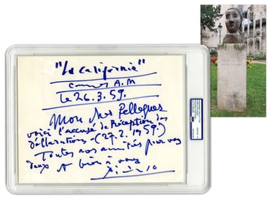 Pablo Picasso PSA GEM MT 10 Rare ALS Dated 3 Months Before Guillaume Apollinaire Bronze Sculpture