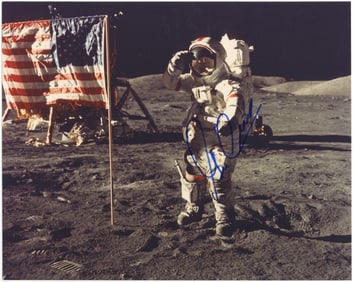 Gene Cernan Signed Photo Saluting the Flag on the Moon Apollo 17
