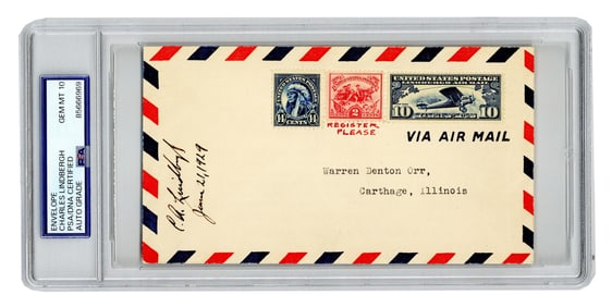 Charles A. Lindbergh PSA GEM MT 10 Signed Envelope Dating 2 Days After Secret Honeymoon Return