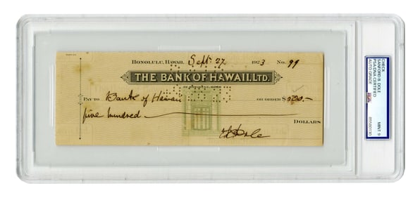 Sanford Dole Boldly Signed Check, PSA MT 9