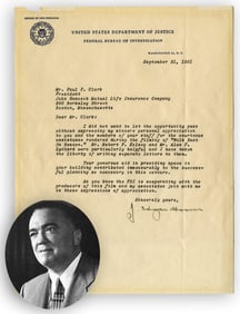 J. Edgar Hoover as FBI Director Re: "Walk East on Beacon" Movie Production