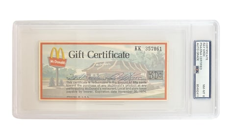 Ray Kroc Signed McDonald's Gift Certificate, PSA NM-MT 8