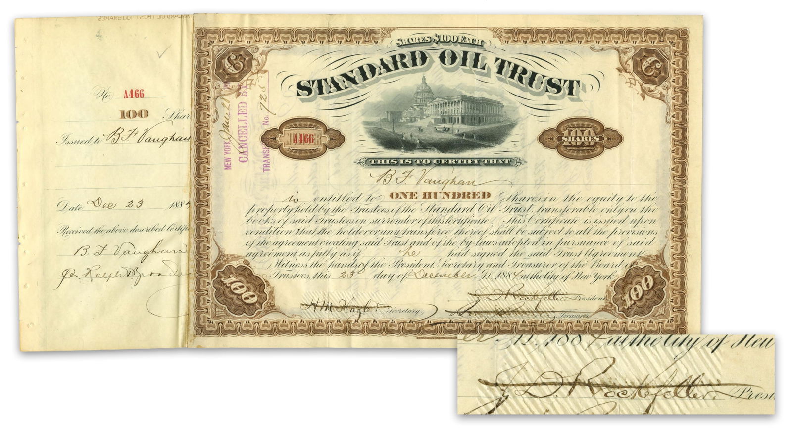 J. D. Rockefeller & Henry Flagler Signed Standard Oil Trust Stock Certificate, 1884 (1 of 3)