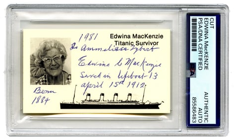 Titanic Survivor Edwina MacKenzie Signed Card, PSA Certified