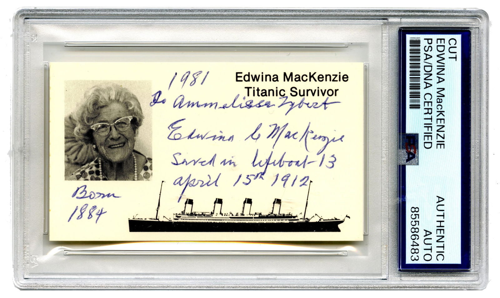 Titanic Survivor Edwina MacKenzie Signed Card, PSA Certified (1 of 2)