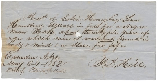 1852 Camden, Arkansas Slave Bill of Sale