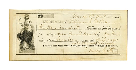 1859 Receipt for Enslaved Teenager, a "Negro Man… of Dark Color" Incredibly Rare