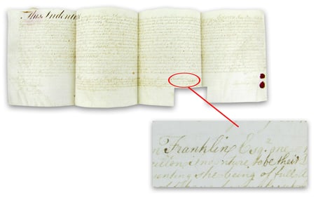 Early Benjamin Franklin Deed with “Franklin” and a Few Words in His Hand JSA Cert