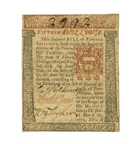 Francis Hopkinson Rare Signed Fifteen Shilling Note