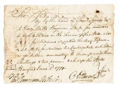 Oliver Ellsworth Signed Pay Order for "sundries to a Sick Soldier" & "Medicines supplied the Brig