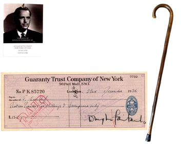 Douglas Fairbanks Jr's Walking Cane & Signed Check! Ex. Fairbanks Estate