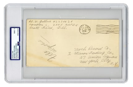 Woody Guthrie PSA MINT 9 WWII-Dated Envelope Signed "Pvt. W. Guthrie 42234634"