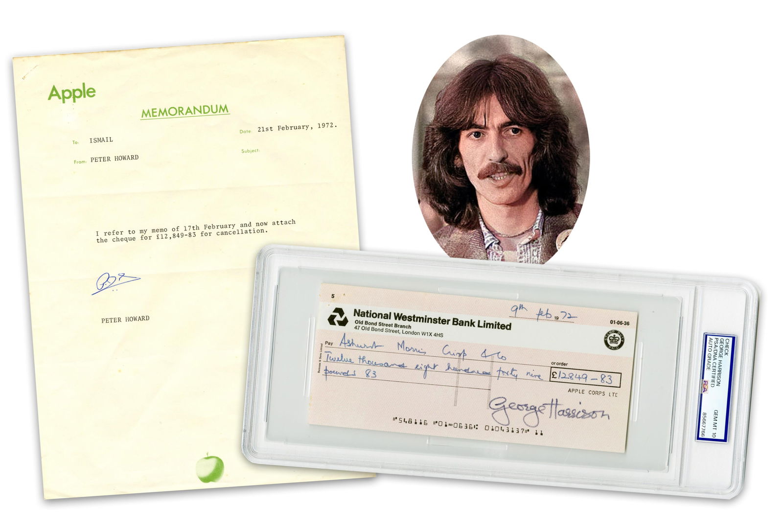 George Harrison PSA GEM MT 10 Uncashed Check w/ Apple Corps. Provenance!: George HarrisonLondon, England, February 9, 1972George Harrison PSA GEM MT 10 Uncashed Check w/ Apple Corps. Provenance!Signed checkA check from the National Westminster Bank Limited boldly signed in