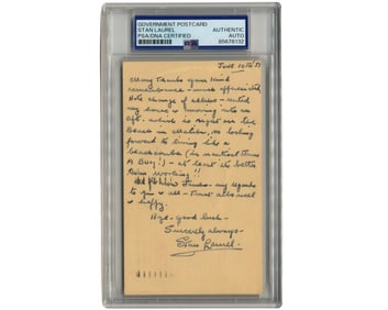 Stan Laurel Handwritten Letter on Postcard PSA Encapsulated