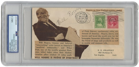 Will Rogers PSA Mint 9 Slabbed Signature