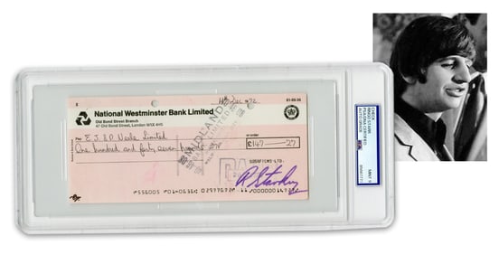 Ringo Starr PSA Mint 9 "Subafilms Ltd." Signed Check