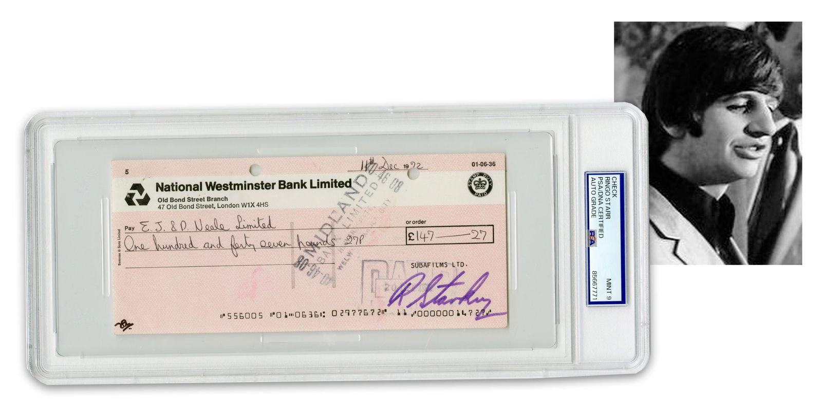 Ringo Starr PSA Mint 9 "Subafilms Ltd." Signed Check: Ringo StarrLondon, England, December 11, 1972Ringo Starr PSA Mint 9 "Subafilms Ltd." Signed CheckSigned checkA check from the National Westminster Bank Limited signed "R. Starkey" in bold purple felt