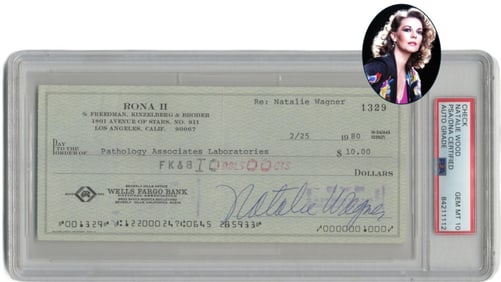 Natalie Wood Extremely Rare Format, Possibly Only Known Signed Check, Graded Gem Mint 10 by PSA,